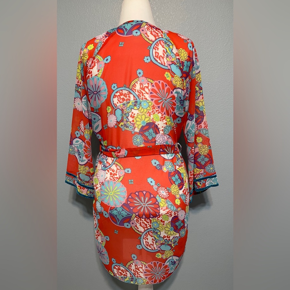 Josie Natori Floral Wrap Robe Womens Kimono Belted Lounge Boho Resort Small - Picture 3 of 10